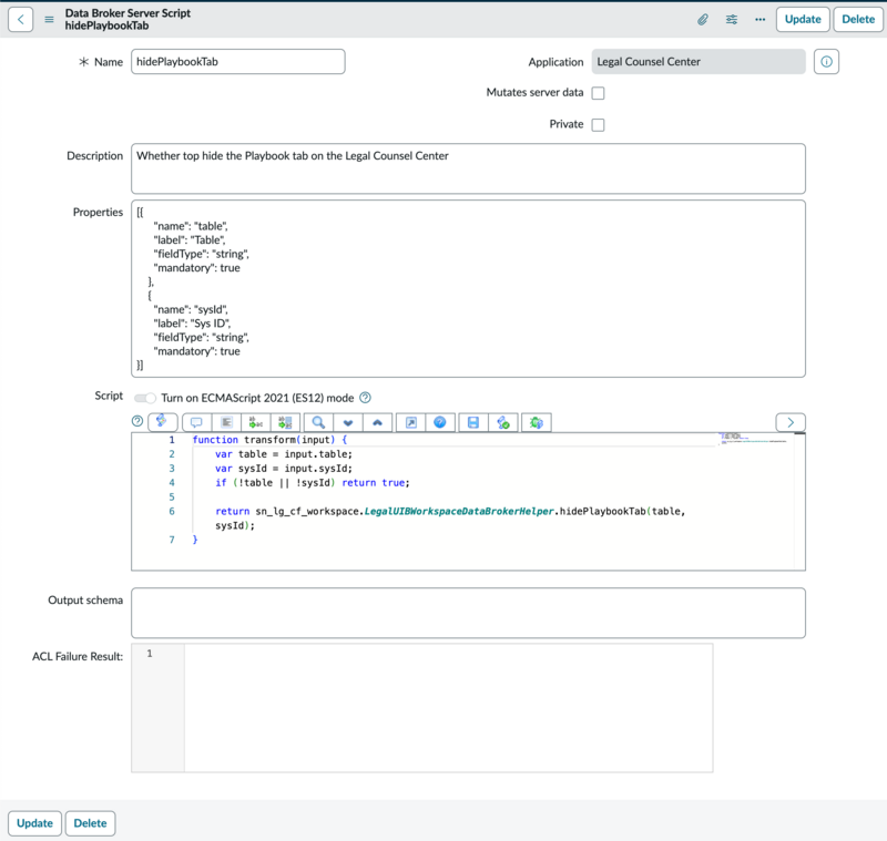 Data Broker Server Script form displaying sample values to configure for the playbook visibility.