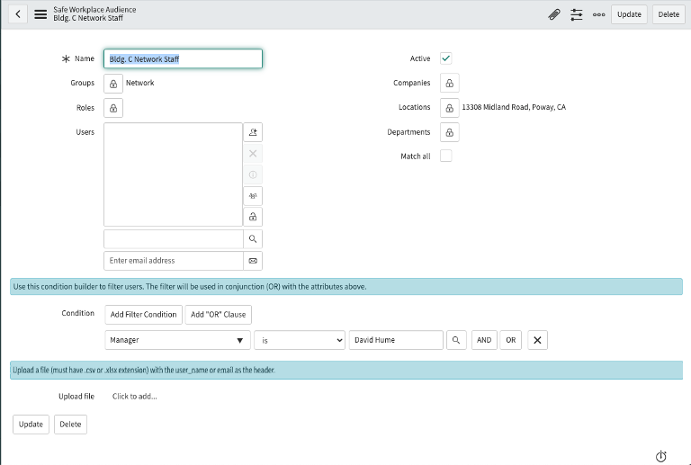 New audience record with a specified group, location, and manager.