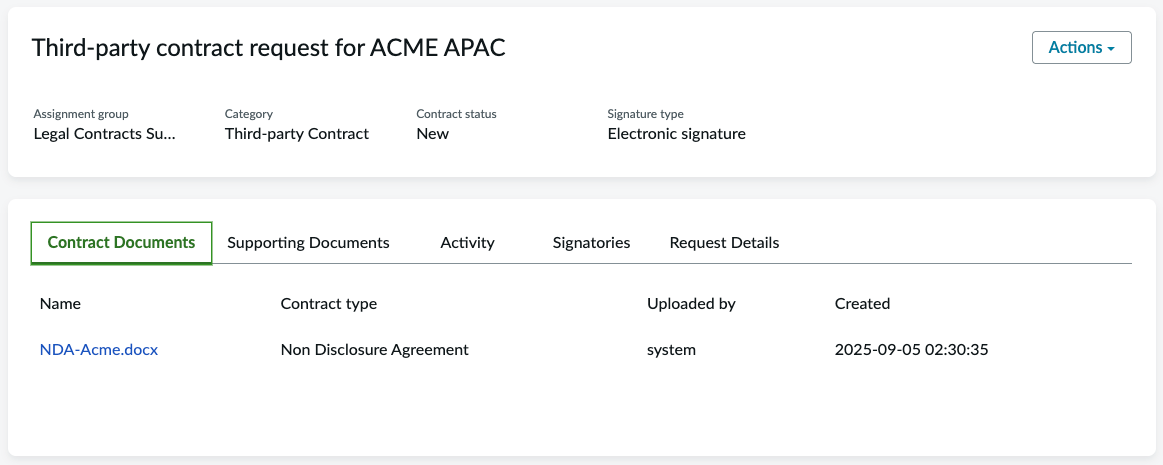 Various tabs in a contract request to review the details.