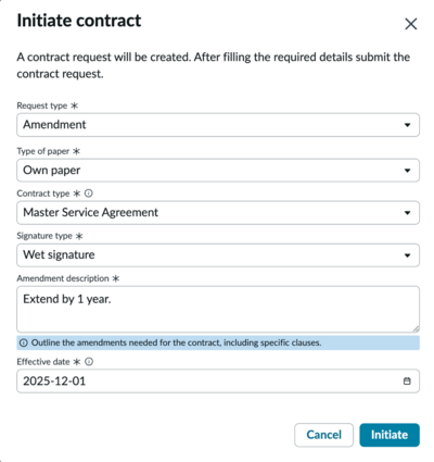 Use initiate contract modal from the workspace to submit an contract amendment request