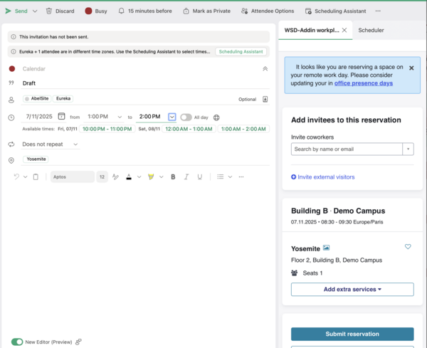 Employees trying to book a space on their remote presence days are shown a message "It looks like you are reserving a space on your remote work day."