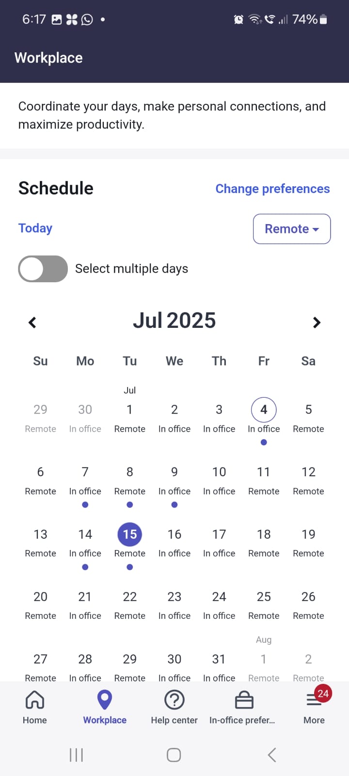 Workplace showing options to make a single day reservation.