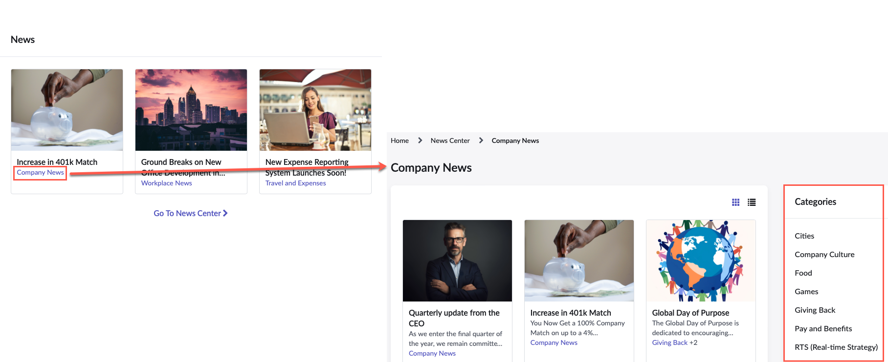 News articles in the News feed widget display their category. When clicked, the link redirects to a page that lists all the news articles for that category