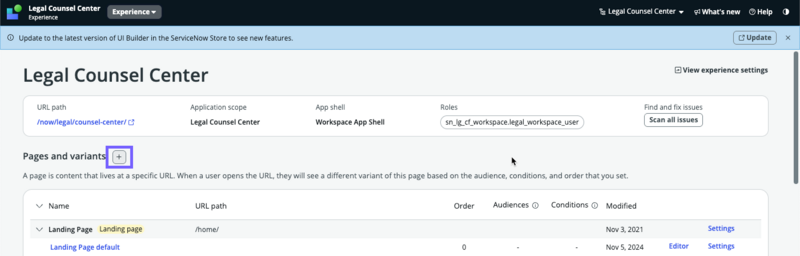 Add pages and variants on an experience page in UI Builder.