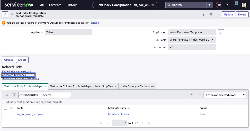 Initiate table indexing for keyword search in contract templates