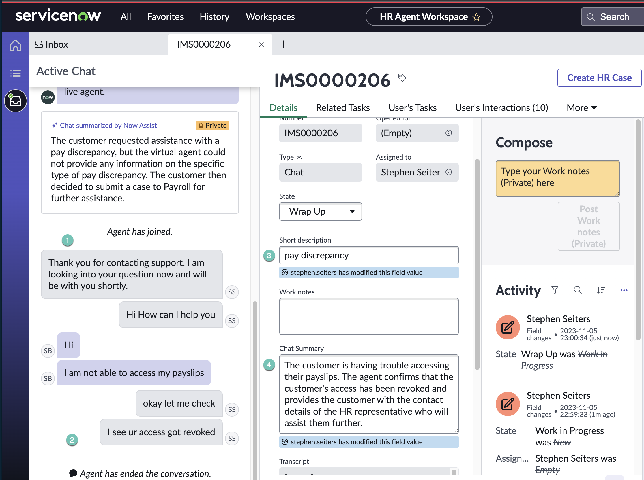 AI-generated chat summary that is shown to the agent in Workspace. For the text description of the workflow, refer to the following list.