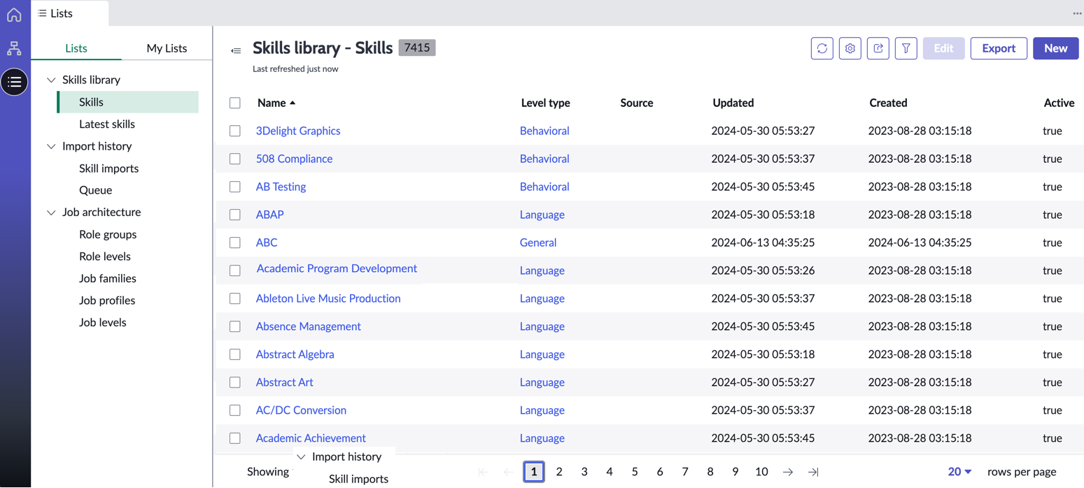 Skills Workspace Lists view