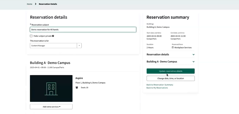Review the reservation details and reservation summary to validate, update, or change event information