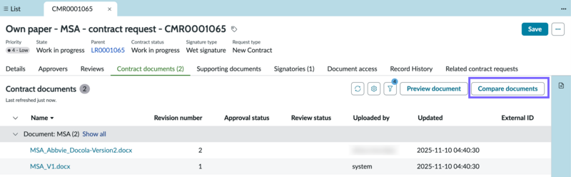 Compare documents button in a contract request.