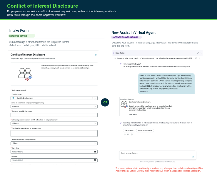 Submit COI request using Employee Center intake form or Now Assist conversational intake form