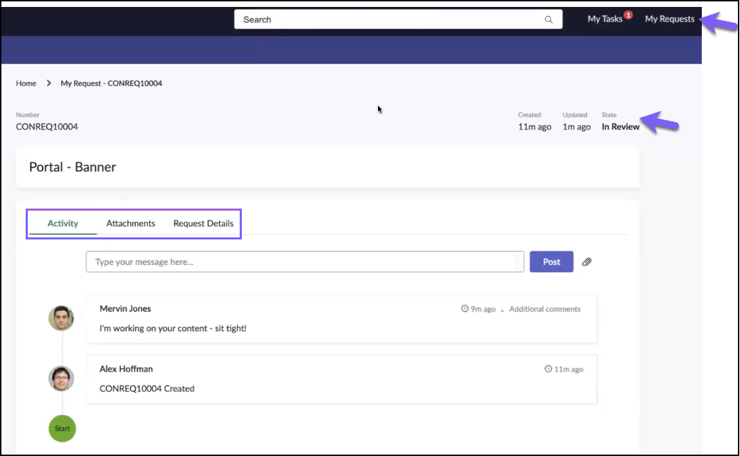 The content requester can track the request status from the My Request tab