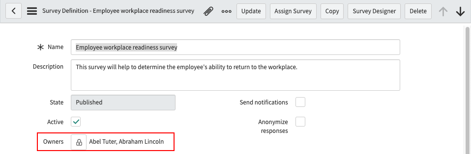 Survey definition with owners who are check-in admins