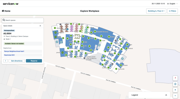Space Details card with option to Reserve displayed on map for a selected space.