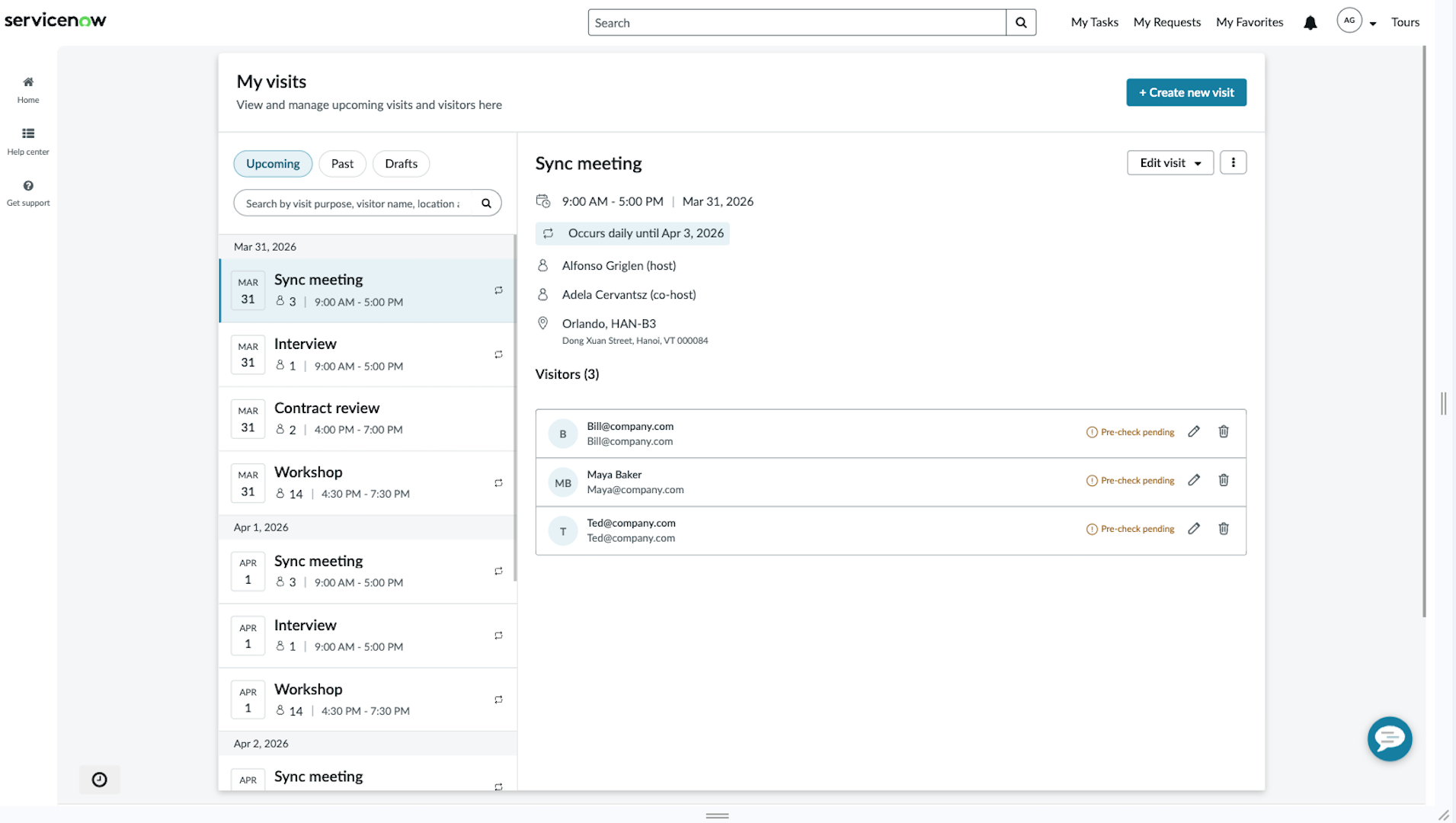 Hostportal, das eine Liste von Besuchen anzeigt. Ein einzelner Besuch wird ausgewählt, und die Details werden in einem separaten Bereich angezeigt.