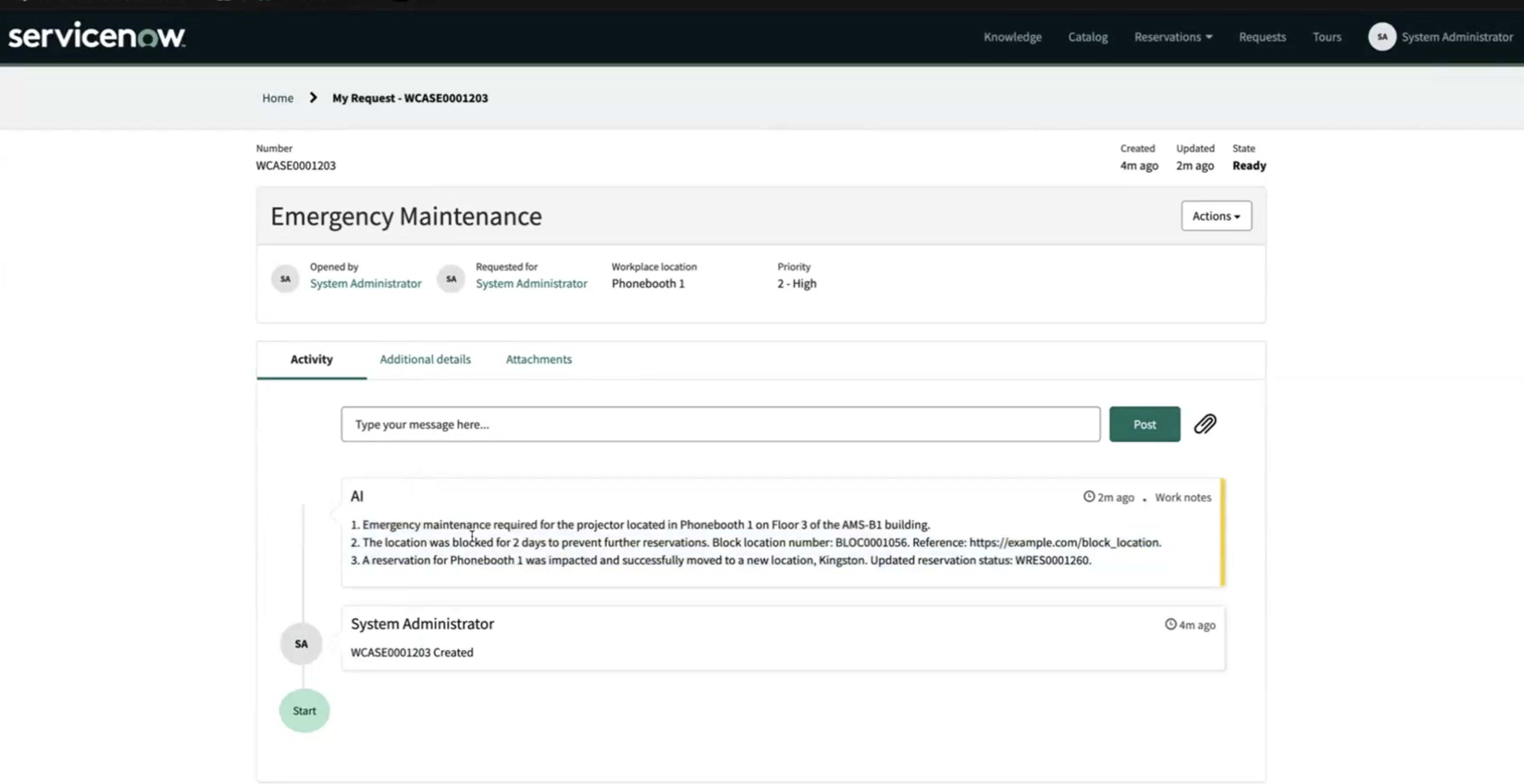 Emergency Maintenance request showing the agent activity notes in the Activity tab.