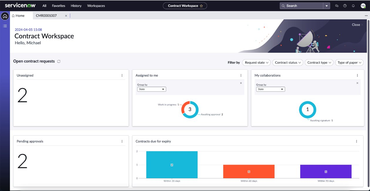Contract workspace to view open contract requests, document revisions pending approval, and contracts due to expire