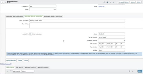Reservable Configuration Tab form. Select the Kiosk Module to allow employees to make reservation.