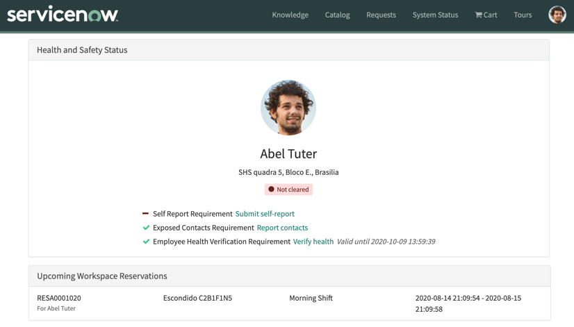 My Health and Safety Status page.