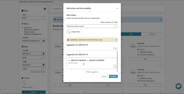 Availability for attendees in the Suggestions panel are shown only for 24-hour duration.
