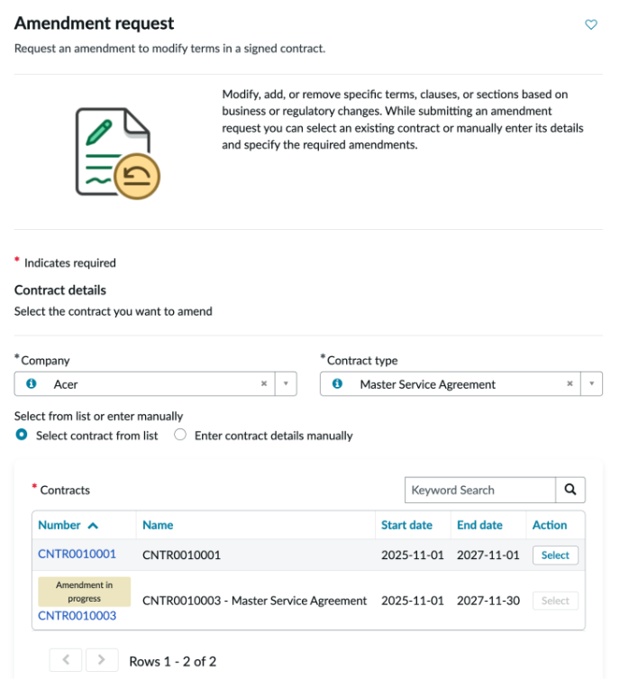 Amendment request intake form in Employee Center