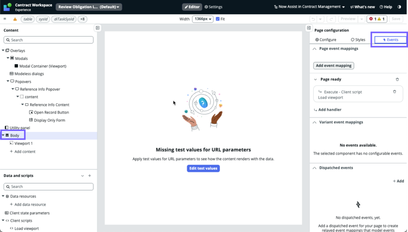 Events tab under Page Configuration.