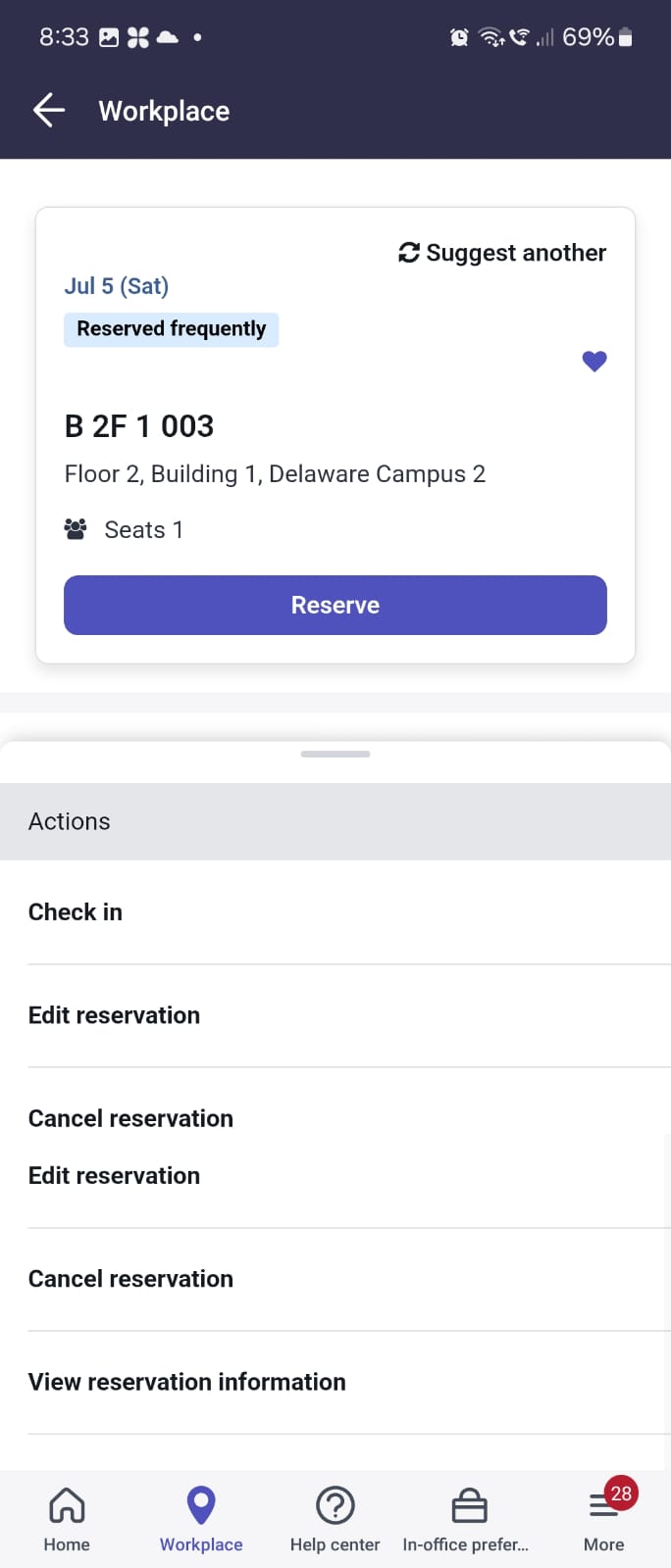 Selected reserved space card showing the Actions menu items.