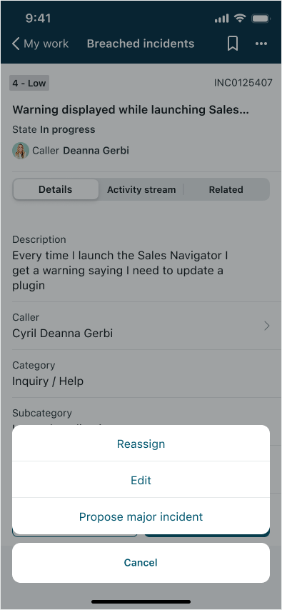 Top menu for an incident which includes the following functions: Reassign, Resolve, Add comments, and Edit.