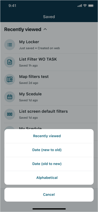 Saved view arrangement menu options.