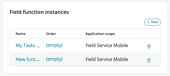Field function instances section of the details screen panel