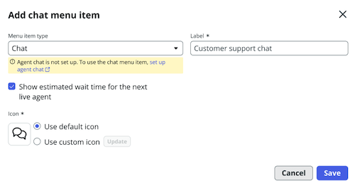 Check box that allows users to see estimated wait time for the next live agent.