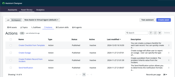 Actions tab in Assistant Designer Asset library that displays basic information about conversational actions in a list.