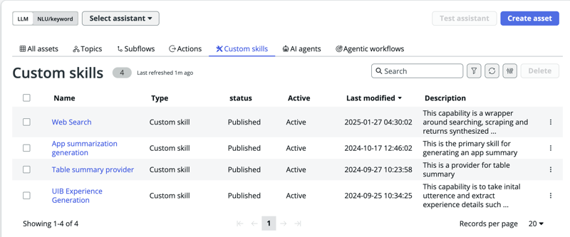 Custom skills pill in Assistant Designer Asset library.