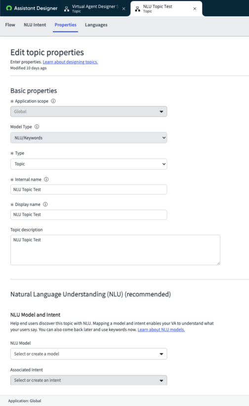 The Natural Language Understanding section appears on the topic Properties tab when NLU is the model type.