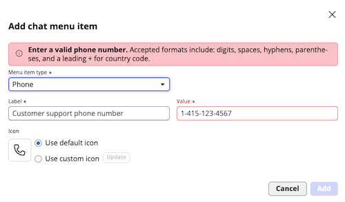Chat menu item fields to be filled out.
