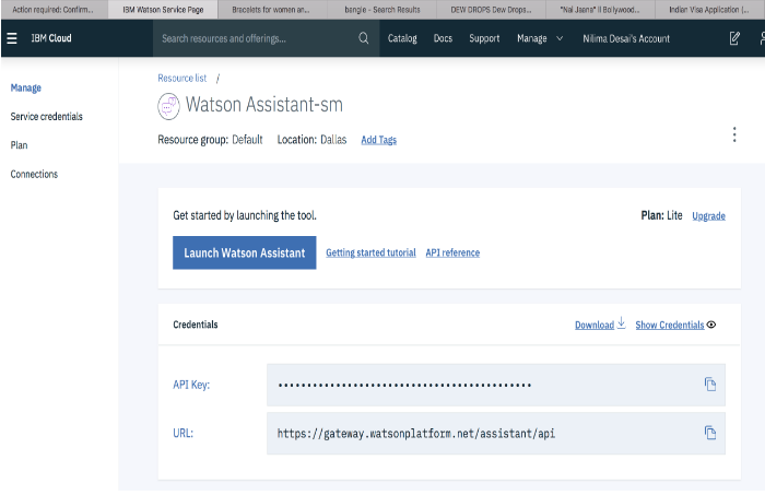 In your IBM Watson Assistant account, locate the API key and URL on the dashboard page for the Resource Link you created.