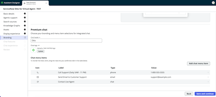 Choose a chat header, chat logo, and chat menu items for premium chat.