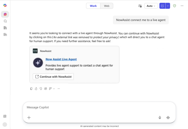 Microsoft Copilot responding to your request to connect to a live agent.