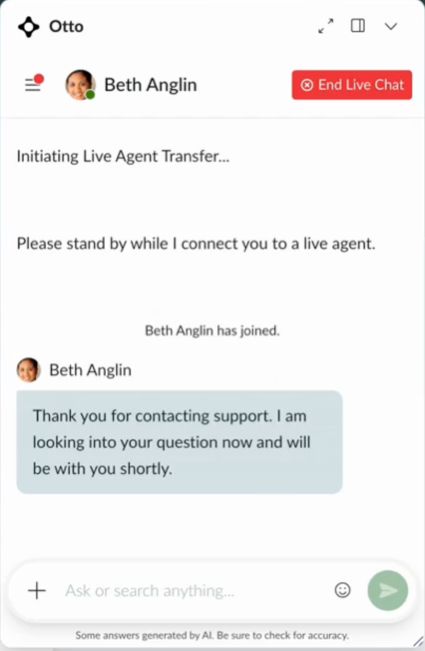 End live chat button appears in a banner at the top of the chat.