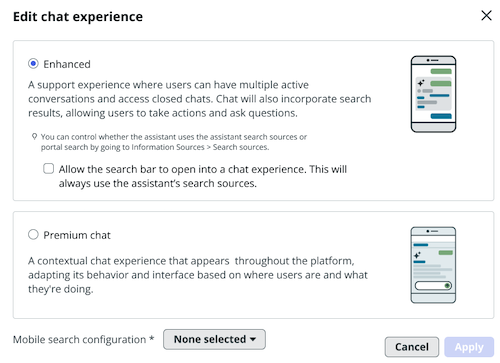 Select a chat experience and mobile search configuration.
