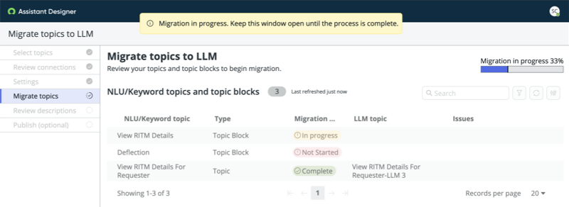 When migrating topics is in progress, a progression bar appears and the screen dynamically updates with which topics are completing or failing migration.