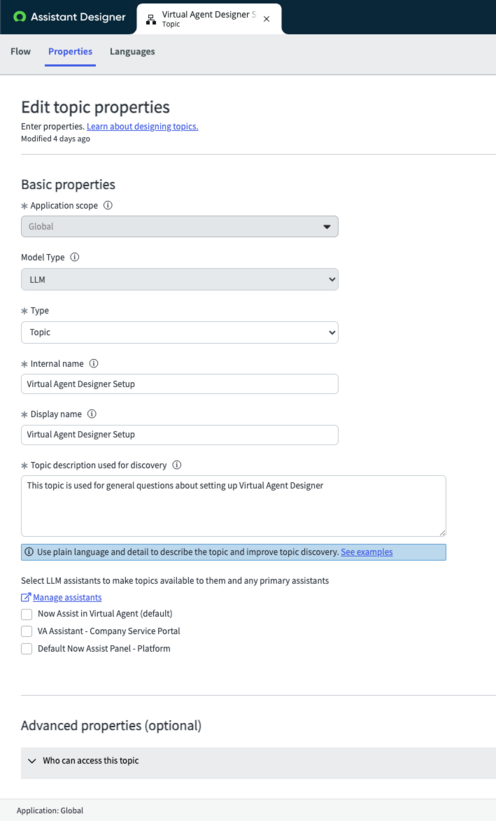 The topic Properties tab is simplified when LLM is the model type.