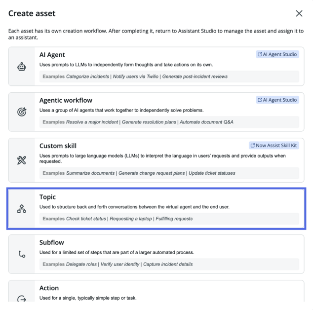 Create asset window with Topic selection highlighted.