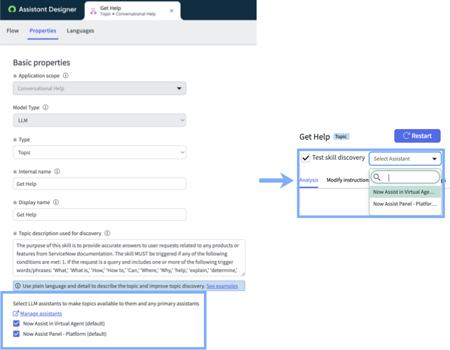 Add assistants in the Properties tab, followed by the Test skill discovery check box in the topic testing window, to select an assistant in the drop-down window.