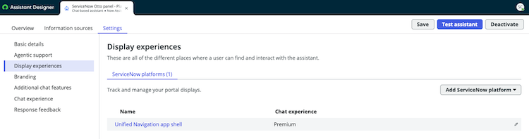 Display experience for ServiceNow Otto panel - Platform