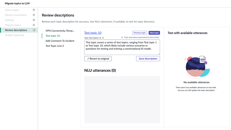 No NLU utterances to test and only the edit description feature.