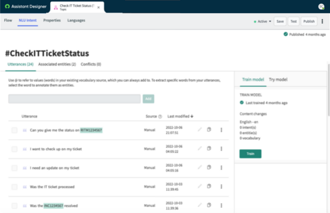 The Check IT Ticket Status topic displays 24 utterances. There are two associated entities. You can add more utterances, or train and test your model.