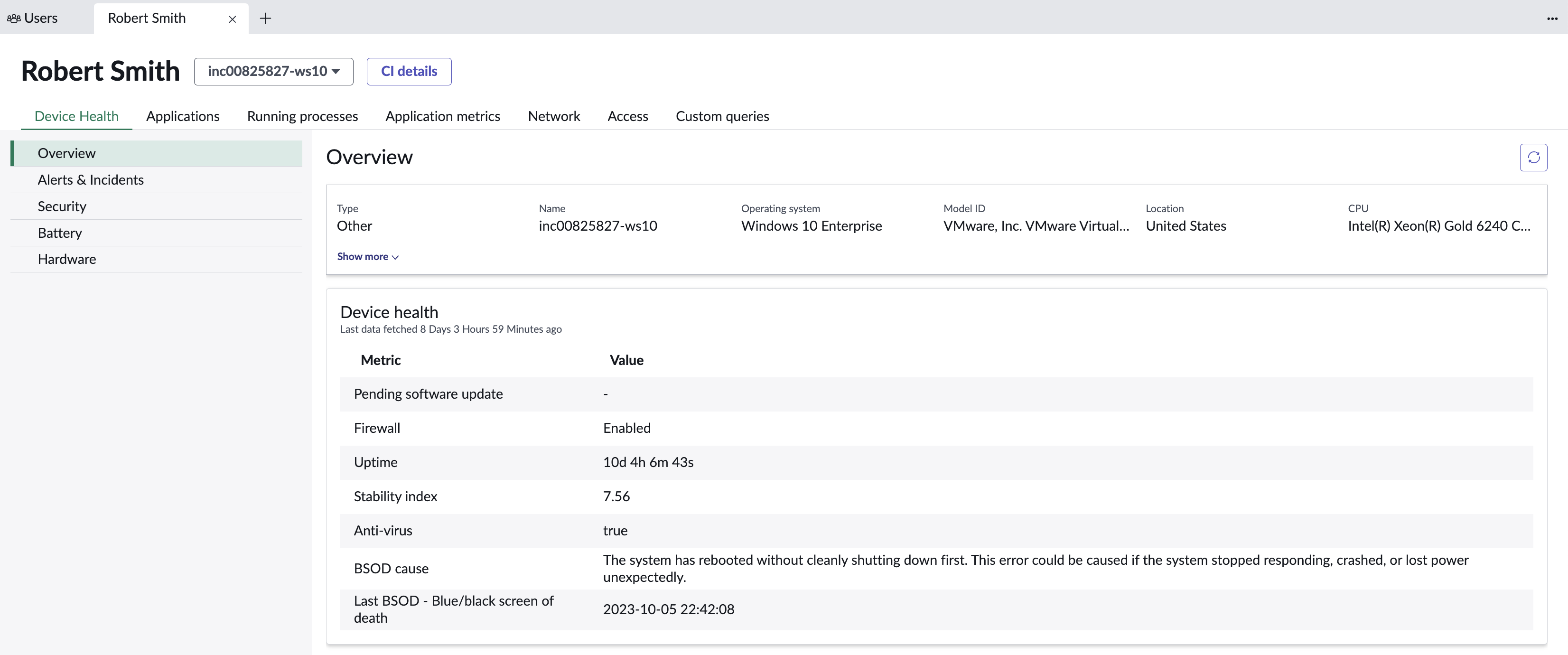 Auf der Seite „Benutzergerätdetails“ werden Informationen zu installierten Web-/SaaS-Anwendungen, Geräteintegrität, laufenden Prozessen, Anwendungsmetriken, Netzwerkkonfiguration, Benutzerzugriffsdetails und benutzerdefinierten Abfragen angezeigt.