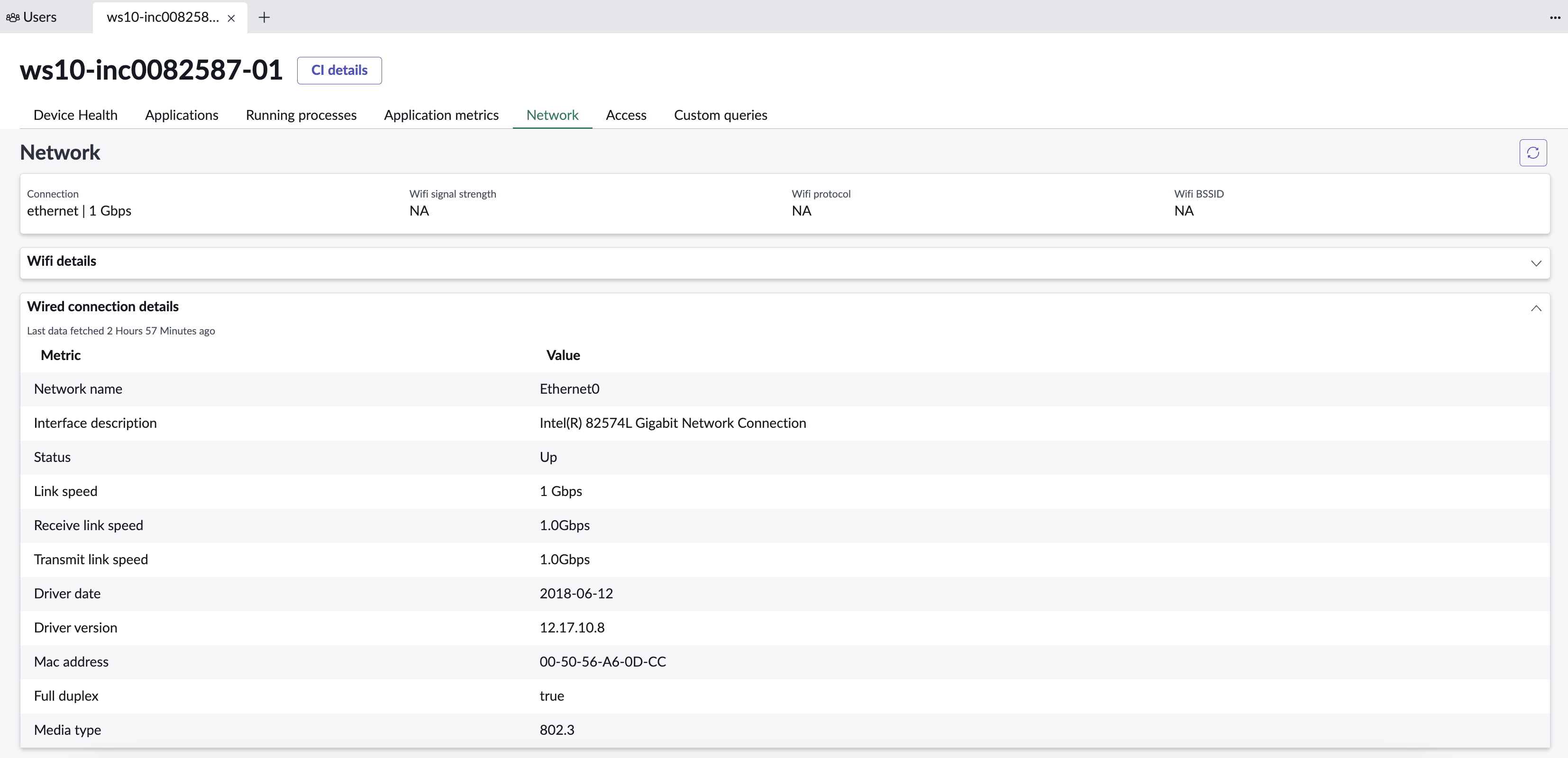 Die Registerkarte Netzwerk enthält wichtige Informationen wie den Netzwerkserver, WLAN-Details, Details zu Kabelverbindungen und Anwendungsnetzwerk-Hops.