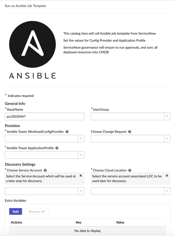 Ansible Formular „Auftragsvorlagenbereitstellung“.