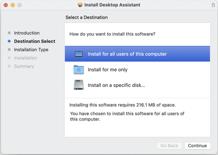 Das Fenster „Desktop-Assistent installieren“, um ein Ziel zum Herunterladen der Datei auszuwählen